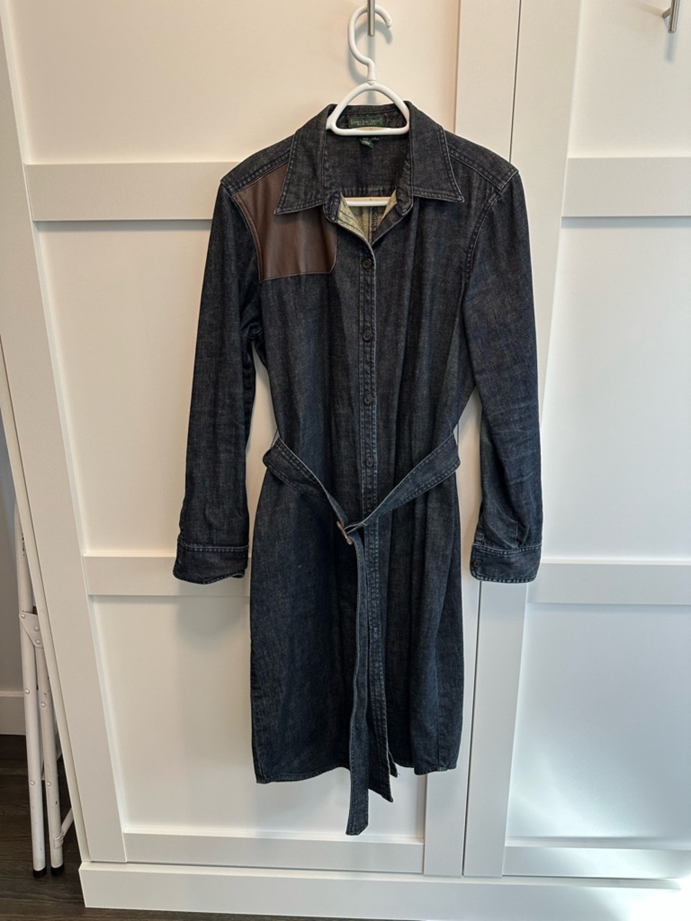 Ralph Lauren Company Dark Denim Shirt Dress with Brown shoulder accent. Large.